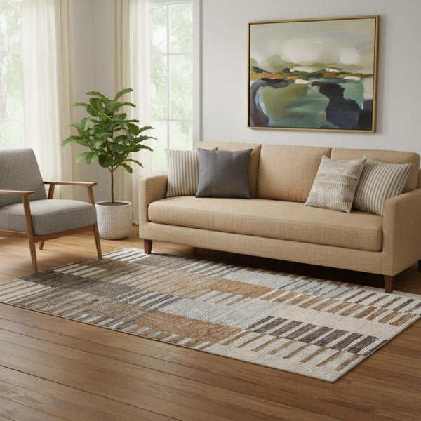 HomeRoots 5' X 8' Washable Rust Ivory and Gray Striped Area Rug with UV Protection for Family-Friendly Living 656258