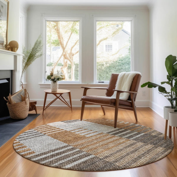 HomeRoots 8' Washable Round Rug in Rust, Ivory & Gray - UV Protected, Stain-Resistant, Perfect for Family Spaces 656259