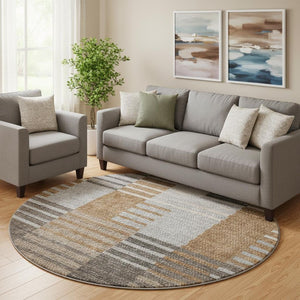 HomeRoots 8' Washable Round Rug in Rust, Ivory & Gray - UV Protected, Stain-Resistant, Perfect for Family Spaces 656259