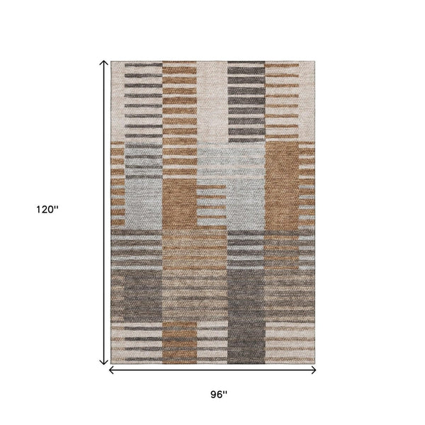 HomeRoots 8' X 10' Washable Striped Area Rug in Rust, Ivory, and Gray – UV Protected, Durable, Easy-Care Design 656260