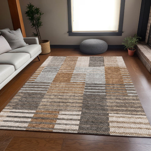 HomeRoots 9' X 12' Striped Area Rug in Rust, Ivory & Gray - Washable, UV Resistant, Pet-Friendly Durability! 656261