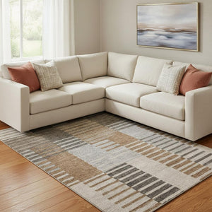 HomeRoots 9' X 12' Striped Area Rug in Rust, Ivory & Gray - Washable, UV Resistant, Pet-Friendly Durability! 656261