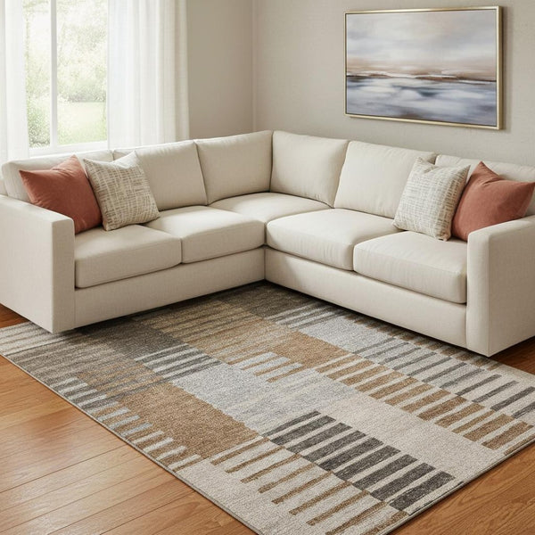 HomeRoots 9' X 12' Striped Area Rug in Rust, Ivory & Gray - Washable, UV Resistant, Pet-Friendly Durability! 656261