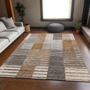 HomeRoots 10' X 14' Washable Rust Ivory Gray Striped Area Rug - UV Protected, Durable, Stylish for High Traffic Spaces 656262