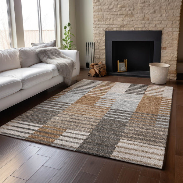 HomeRoots 10' X 14' Washable Rust Ivory Gray Striped Area Rug - UV Protected, Durable, Stylish for High Traffic Spaces 656262