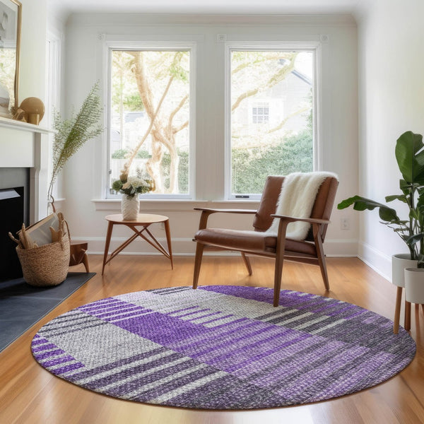 HomeRoots 8' Purple Ivory and Gray Striped Washable Round Rug – Stylish, Durable, UV-Protected for High-Traffic Areas 656265