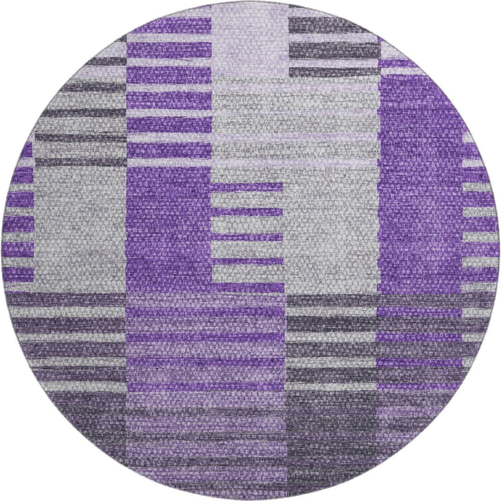 HomeRoots 8' Purple Ivory and Gray Striped Washable Round Rug – Stylish, Durable, UV-Protected for High-Traffic Areas 656265