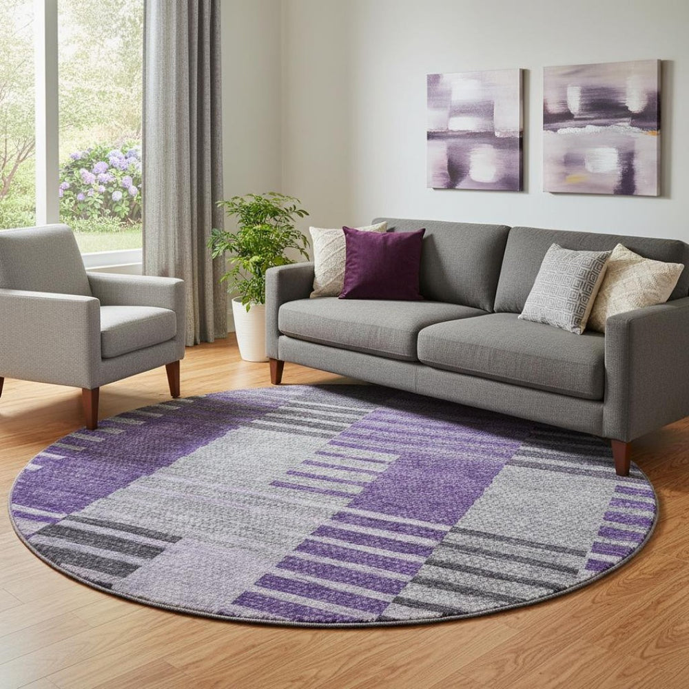 HomeRoots 8' Purple Ivory and Gray Striped Washable Round Rug – Stylish, Durable, UV-Protected for High-Traffic Areas 656265