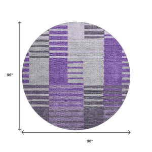 HomeRoots 8' Purple Ivory and Gray Striped Washable Round Rug – Stylish, Durable, UV-Protected for High-Traffic Areas 656265