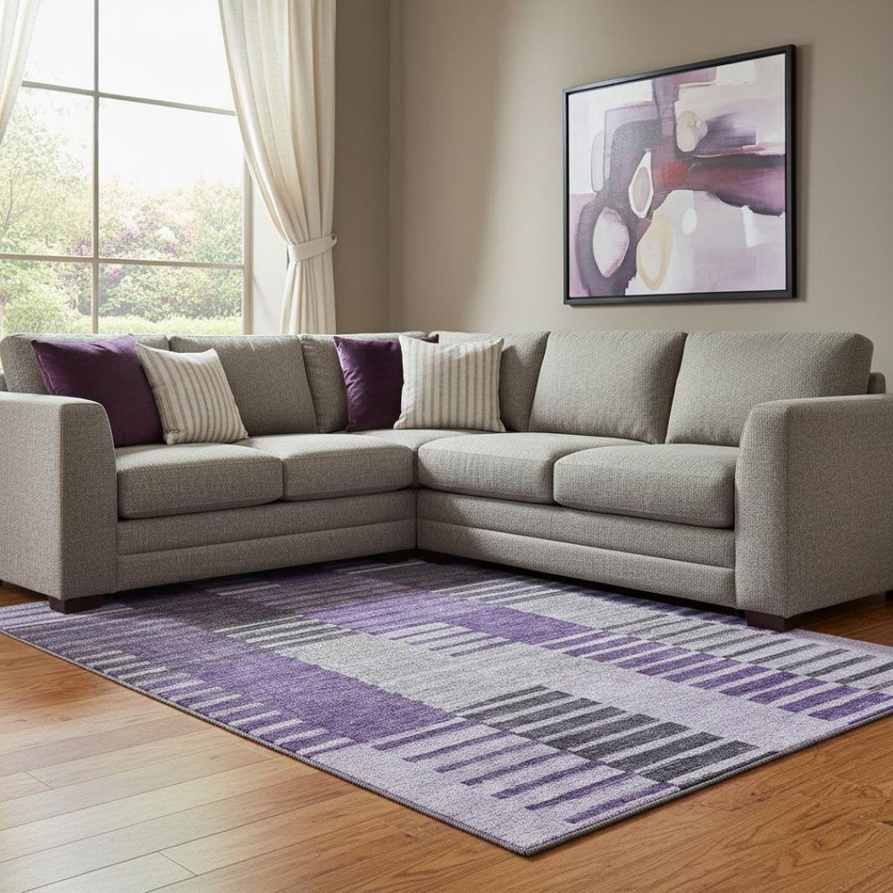 HomeRoots 8' X 10' Striped Purple, Ivory & Gray Washable Area Rug with UV Protection for Stylish Living Spaces 656266