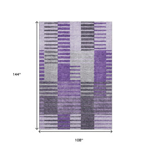 HomeRoots 9' X 12' Washable Striped Area Rug in Purple, Ivory & Gray - Stain Resistant, UV Protected, Durable Design 656267