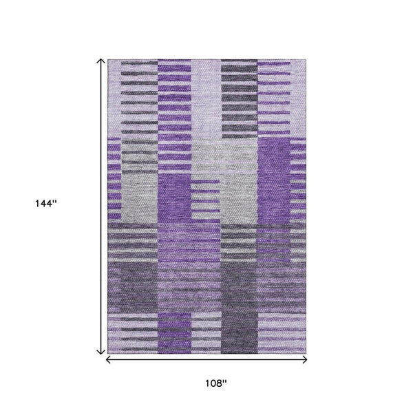 HomeRoots 9' X 12' Washable Striped Area Rug in Purple, Ivory & Gray - Stain Resistant, UV Protected, Durable Design 656267