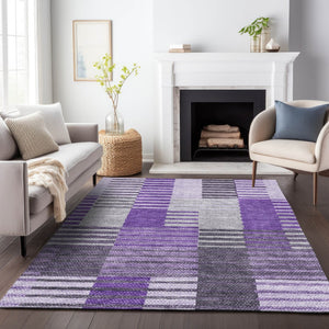 HomeRoots 9' X 12' Washable Striped Area Rug in Purple, Ivory & Gray - Stain Resistant, UV Protected, Durable Design 656267