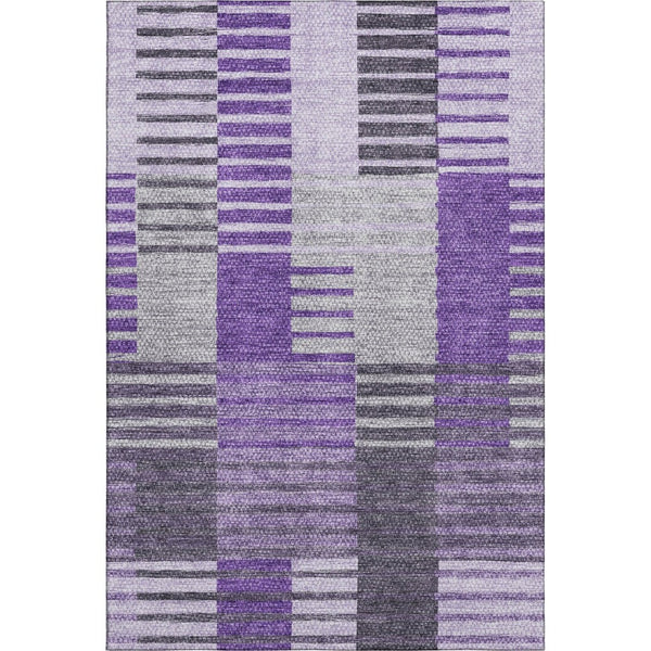 HomeRoots 9' X 12' Washable Striped Area Rug in Purple, Ivory & Gray - Stain Resistant, UV Protected, Durable Design 656267