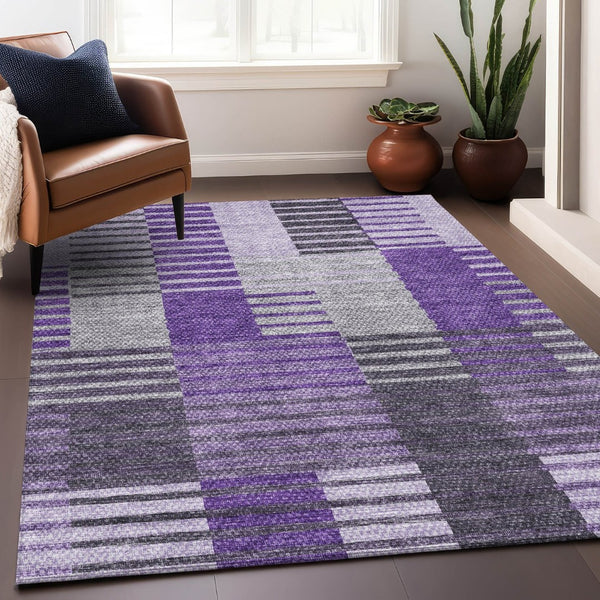 HomeRoots 9' X 12' Washable Striped Area Rug in Purple, Ivory & Gray - Stain Resistant, UV Protected, Durable Design 656267