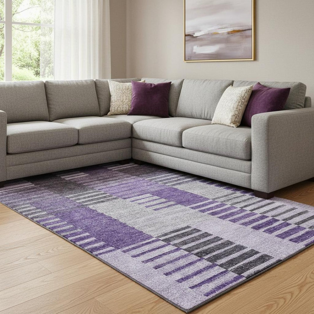 HomeRoots 9' X 12' Washable Striped Area Rug in Purple, Ivory & Gray - Stain Resistant, UV Protected, Durable Design 656267