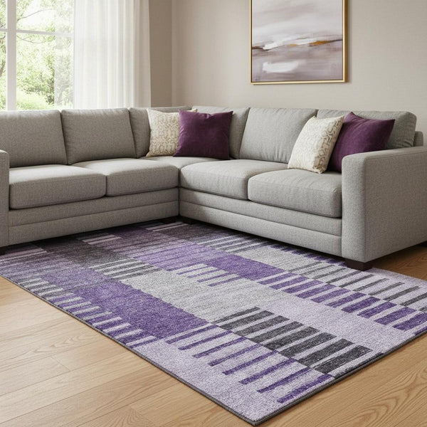 HomeRoots 9' X 12' Washable Striped Area Rug in Purple, Ivory & Gray - Stain Resistant, UV Protected, Durable Design 656267