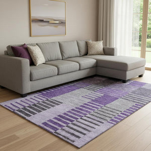 HomeRoots 10' X 14' Purple Ivory Gray Striped Washable Area Rug - UV Protected, Durable, Easy-Clean Design 656268