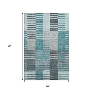HomeRoots 5' X 8' Coastal Teal Ivory Gray Striped Washable Area Rug - UV Protected, Family-Friendly Design 656270