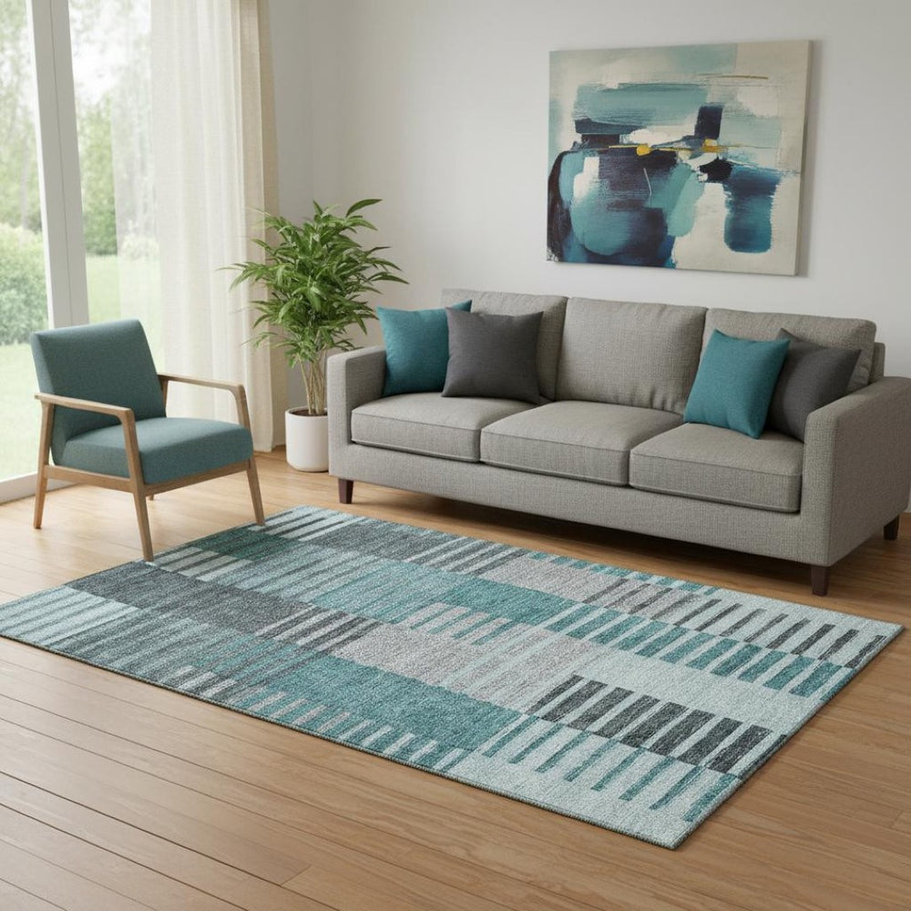 HomeRoots 5' X 8' Coastal Teal Ivory Gray Striped Washable Area Rug - UV Protected, Family-Friendly Design 656270