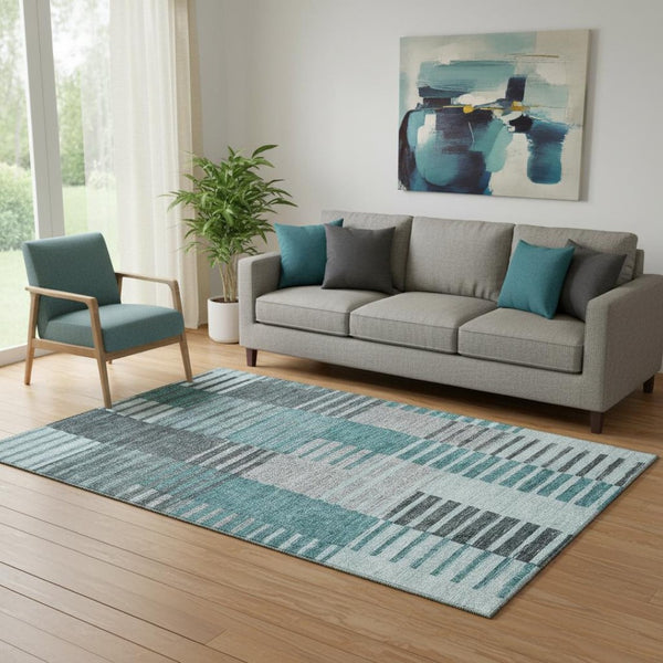 HomeRoots 5' X 8' Coastal Teal Ivory Gray Striped Washable Area Rug - UV Protected, Family-Friendly Design 656270