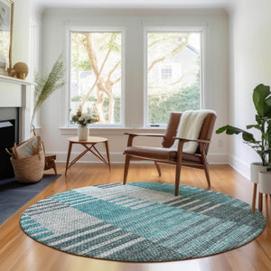 HomeRoots 8' Teal Ivory and Gray Striped Washable Round Rug - Durable, Stain-Resistant with UV Protection! 656271