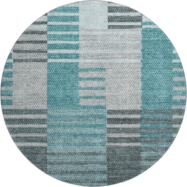 HomeRoots 8' Teal Ivory and Gray Striped Washable Round Rug - Durable, Stain-Resistant with UV Protection! 656271