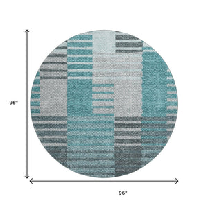 HomeRoots 8' Teal Ivory and Gray Striped Washable Round Rug - Durable, Stain-Resistant with UV Protection! 656271