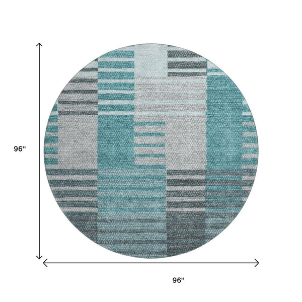 HomeRoots 8' Teal Ivory and Gray Striped Washable Round Rug - Durable, Stain-Resistant with UV Protection! 656271