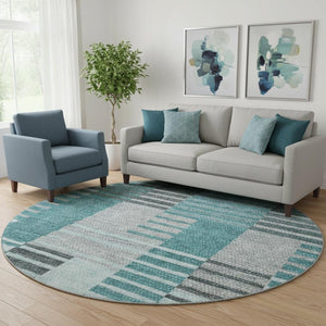 HomeRoots 8' Teal Ivory and Gray Striped Washable Round Rug - Durable, Stain-Resistant with UV Protection! 656271