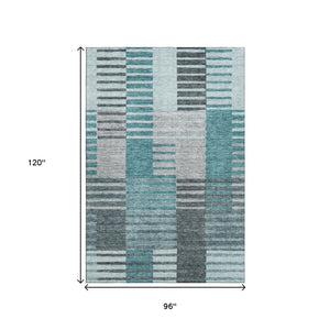 HomeRoots 8' X 10' Striped Teal Ivory Gray Washable Area Rug with UV Protection - Perfect for Family Spaces! 656272