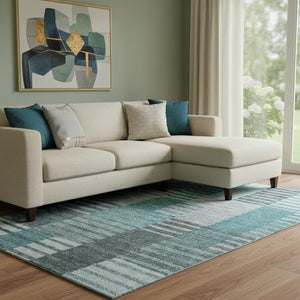HomeRoots 8' X 10' Striped Teal Ivory Gray Washable Area Rug with UV Protection - Perfect for Family Spaces! 656272