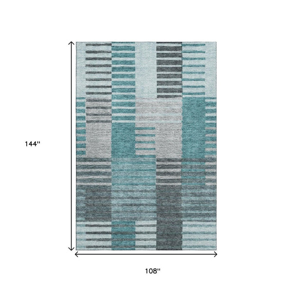 HomeRoots 9' X 12' Striped Teal Ivory Gray Washable Area Rug with UV Protection for Indoor-Outdoor Spaces 656273