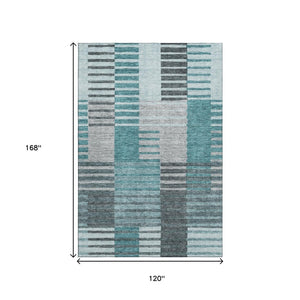 HomeRoots 10' X 14' Teal Ivory Gray Striped Area Rug - Durable, Stain Resistant, UV Protected for Modern Homes 656274