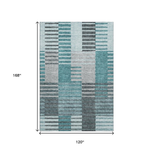 HomeRoots 10' X 14' Teal Ivory Gray Striped Area Rug - Durable, Stain Resistant, UV Protected for Modern Homes 656274