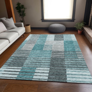 HomeRoots 10' X 14' Teal Ivory Gray Striped Area Rug - Durable, Stain Resistant, UV Protected for Modern Homes 656274