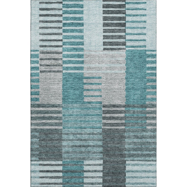 HomeRoots 10' X 14' Teal Ivory Gray Striped Area Rug - Durable, Stain Resistant, UV Protected for Modern Homes 656274