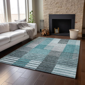 HomeRoots 10' X 14' Teal Ivory Gray Striped Area Rug - Durable, Stain Resistant, UV Protected for Modern Homes 656274