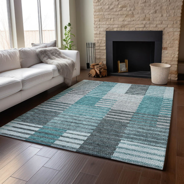 HomeRoots 10' X 14' Teal Ivory Gray Striped Area Rug - Durable, Stain Resistant, UV Protected for Modern Homes 656274