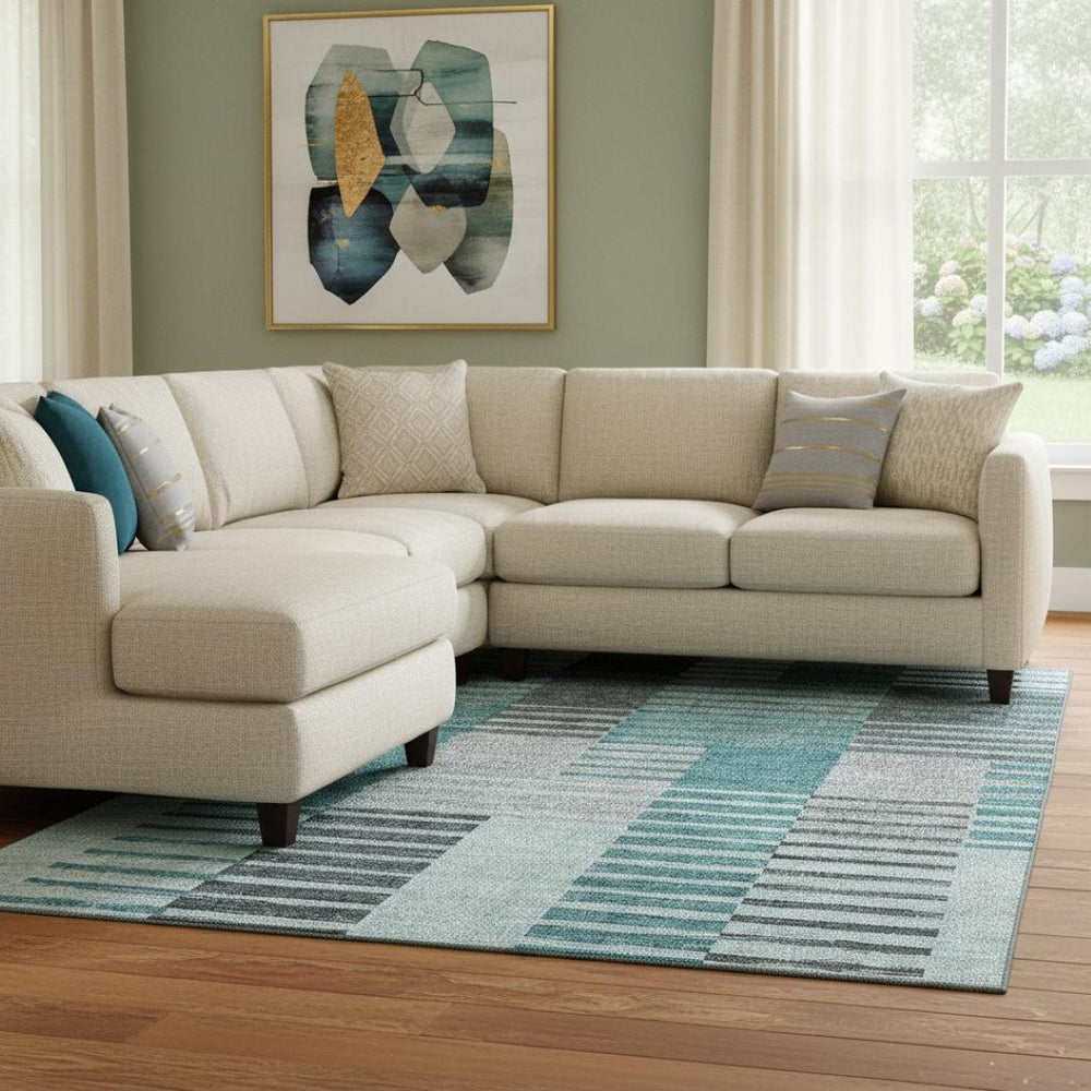 HomeRoots 10' X 14' Teal Ivory Gray Striped Area Rug - Durable, Stain Resistant, UV Protected for Modern Homes 656274