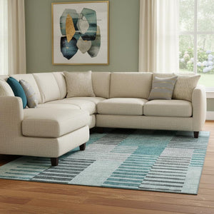 HomeRoots 10' X 14' Teal Ivory Gray Striped Area Rug - Durable, Stain Resistant, UV Protected for Modern Homes 656274