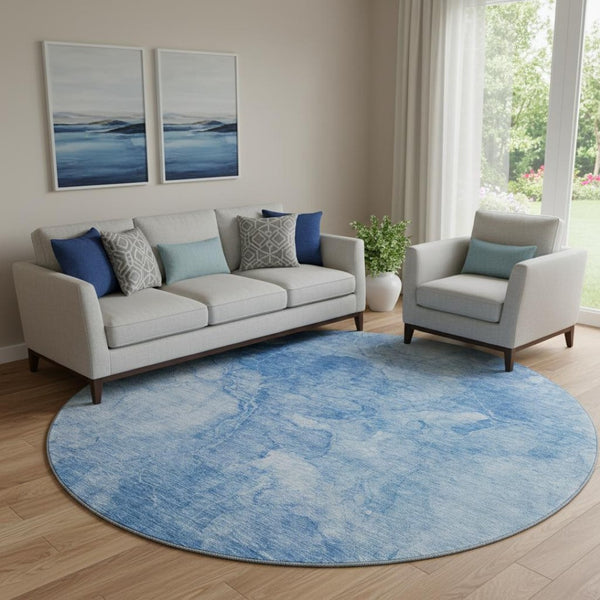 HomeRoots 8' Blue and Ivory Abstract Round Rug - Washable, UV Protected, Soft, Durable for Homes with Kids & Pets 656283