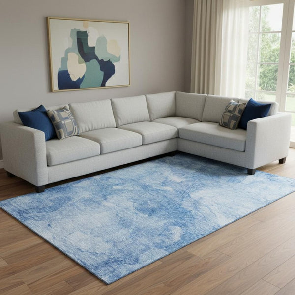 HomeRoots 8' X 10' Abstract Blue & Ivory Washable Area Rug - UV Protected, Stain-Resistant for Family Spaces 656284