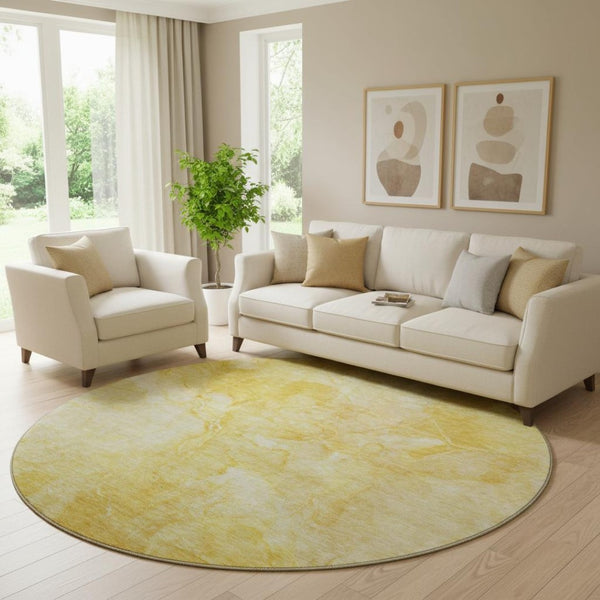 HomeRoots 8' Gold and Ivory Abstract Washable Round Rug - Durable, Stain-Resistant, UV Protected for Homes 656289