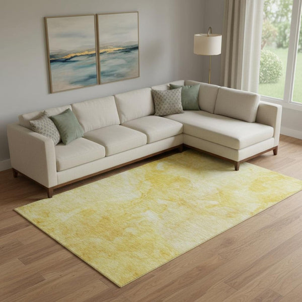 HomeRoots 9' X 12' Gold & Ivory Abstract Area Rug - Washable, UV Protected, Stain Resistant for Modern Homes 656291