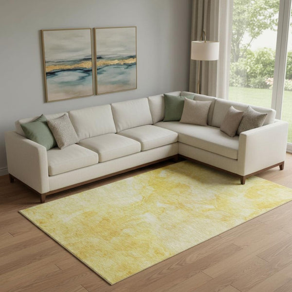 HomeRoots 10' Gold and Ivory Abstract Area Rug - Washable, UV Protected, Stain Resistant for Modern Spaces 656292
