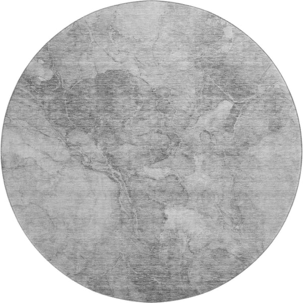 HomeRoots 8' Gray and Silver Abstract Round Rug - Stylish, Washable, UV-Protected, Perfect for High-Traffic Areas 656295