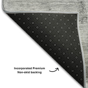 HomeRoots 8' Gray and Silver Abstract Round Rug - Stylish, Washable, UV-Protected, Perfect for High-Traffic Areas 656295