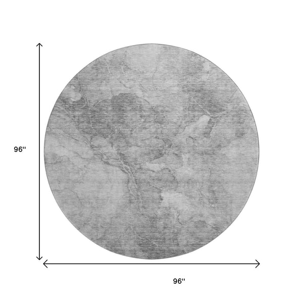 HomeRoots 8' Gray and Silver Abstract Round Rug - Stylish, Washable, UV-Protected, Perfect for High-Traffic Areas 656295