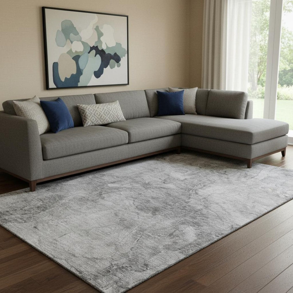 HomeRoots 9' X 12' Elegant Gray and Silver Abstract Washable Area Rug with UV Protection for Modern Homes 656297